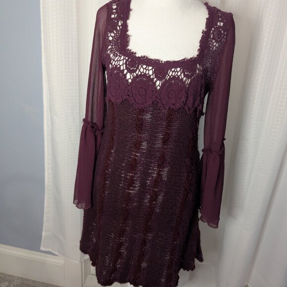 Free People Burgundy Knit and Crochet Dress, Size M, Bell Sleeves - Picture 6 of 8